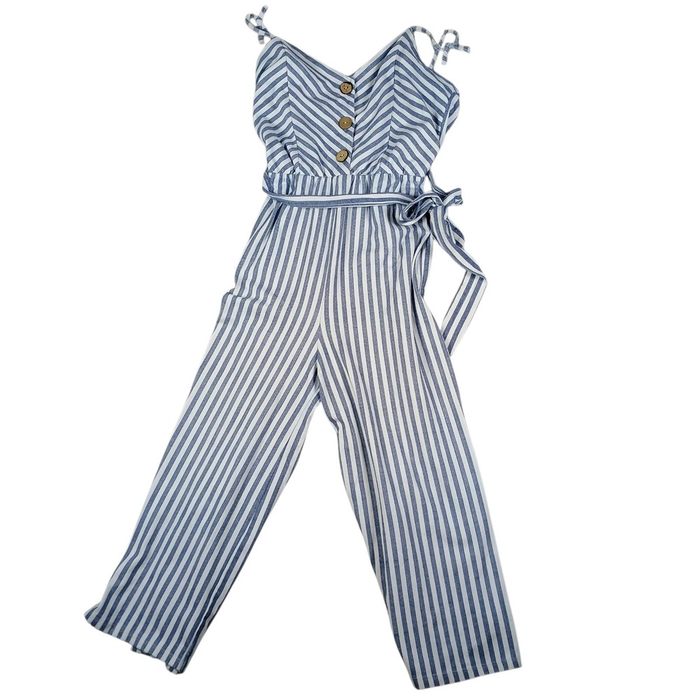 Unbranded Jumpsuit Engineer Stripe Blue White Sleeveless Button Front Women's